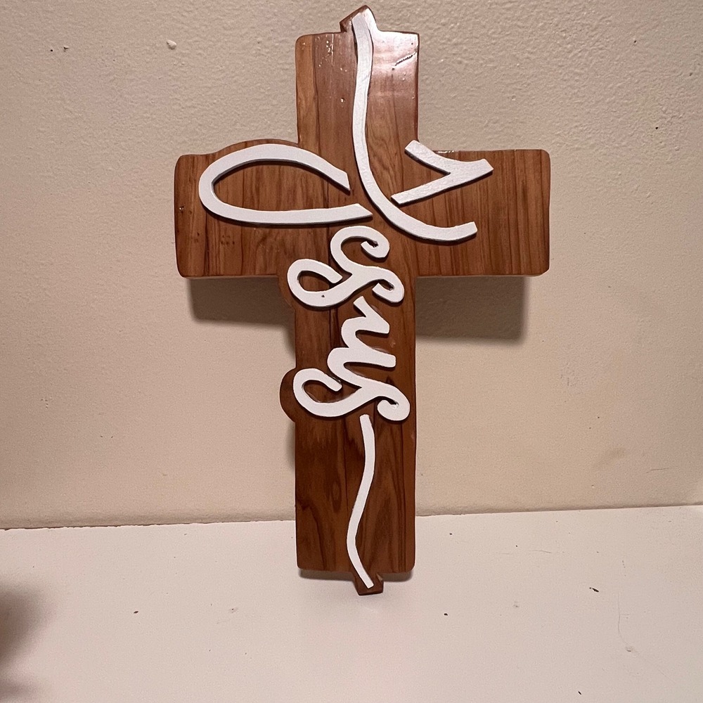Vintage Wood Jesus Cross Wall Decor Brown Rustic Handmade Art Faith Graceful